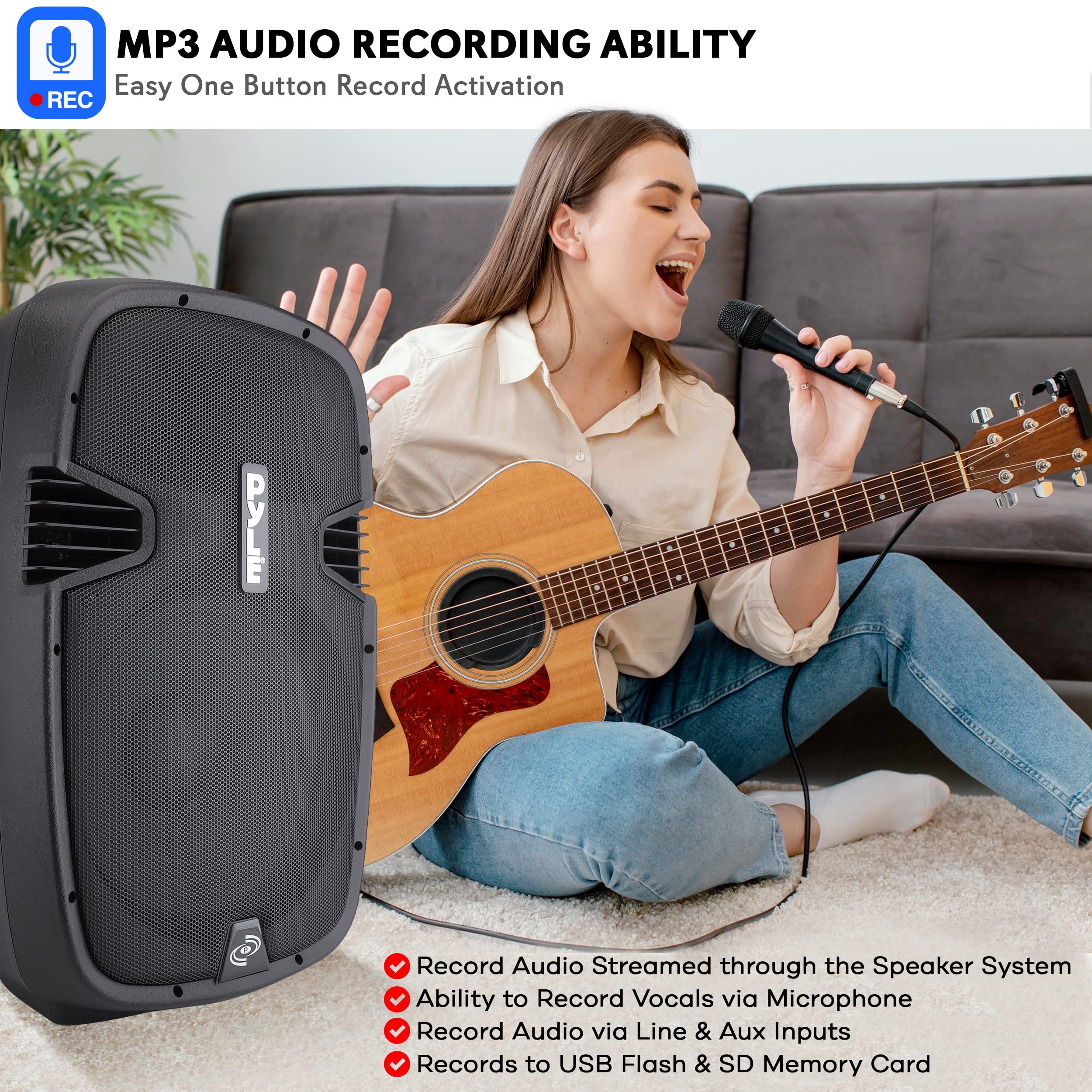 PYLE-PRO Powered Bluetooth PA Microphone System - 15'' Active Bass Subwoofer Loudspeaker Built-in USB for MP3 Amplifier - DJ Par